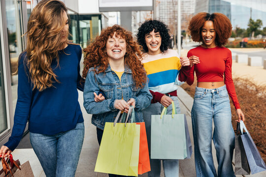 Young girls enjoying a shopping day in Madrid
