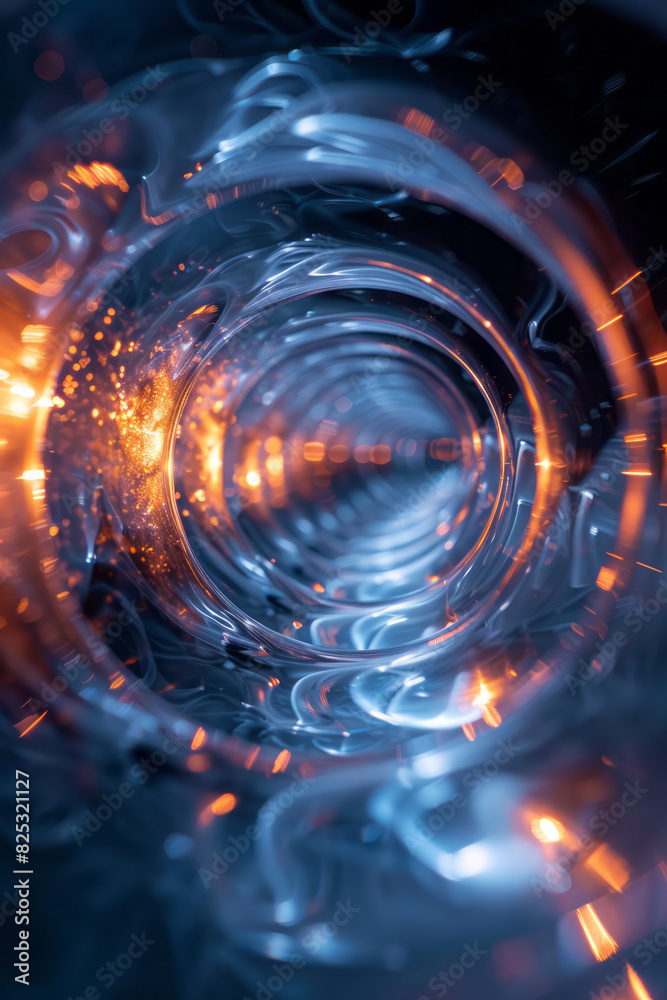 Poster abstract image of a lens generating a vortex of light and shapes, simulating a whirlwind of kinetic 