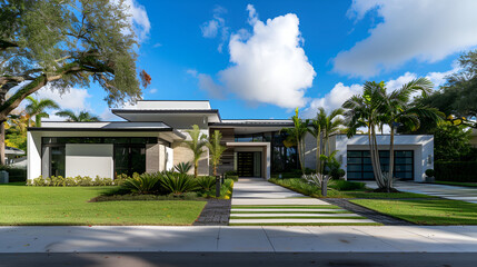 Gorgeous beach house with palm trees and landscaping perfect for vacation ,The exterior of a sophisticated dwelling features grey walls adorned with ,The exterior of a sophisticated dwelling features 