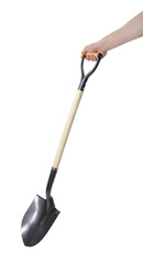 Man holding shovel on white background, closeup