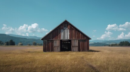Fototapeta premium Rustic old barn surrounded by grassland and forest landscape.