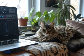 Fluffy cat relaxes on a patterned blanket beside an open laptop in a warm, home setting