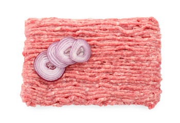 Raw ground meat and onion isolated on white, top view