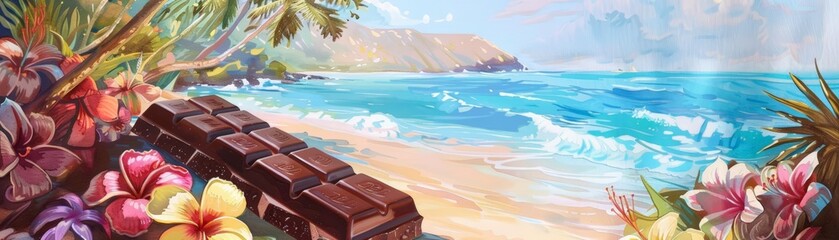a beautiful beach with white sand, blue water, and palm trees, it's a perfect place to relax and enjoy the scenery. background with copy space, summer relaxation concept in the watercolor painting