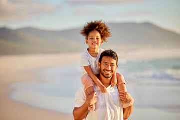 Portrait, father and child on shoulders or beach fun on holiday, bonding and walking on sea shore...