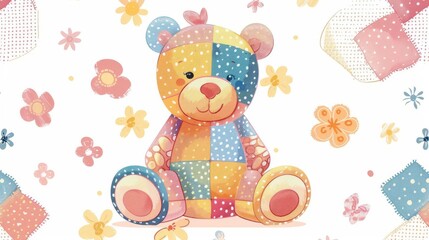 adorable teddy bear with colorful patchwork pattern cute childrens toy vector illustration
