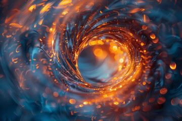 Illustration of a lens generating swirling, spiraling light patterns that create a sense of dynamic movement,