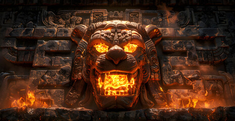 A lion statue with a fire in its mouth