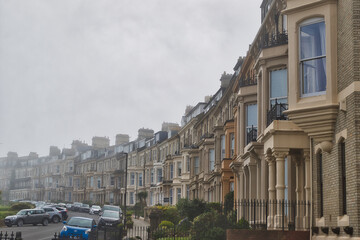 Victorian terraced houses on a foggy day