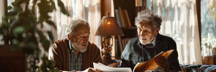 Two elderly people sit at a table reviewing papers with their financial advisor, focusing on retirement planning - Powered by Adobe