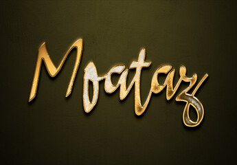 Old gold text effect of Arabic name Moataz with 3D glossy style Mockup.