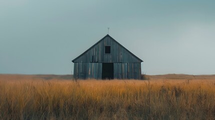 Obraz premium Rustic old barn surrounded by grassland and forest landscape.