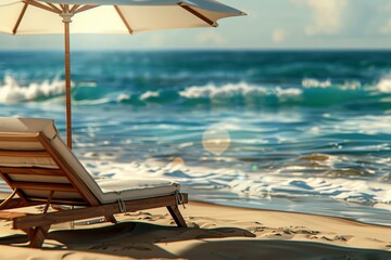 Beach chair with umbrella, gentle waves in background, closeup, calm and serene, photorealistic, Multilayer, soothing beach backdrop