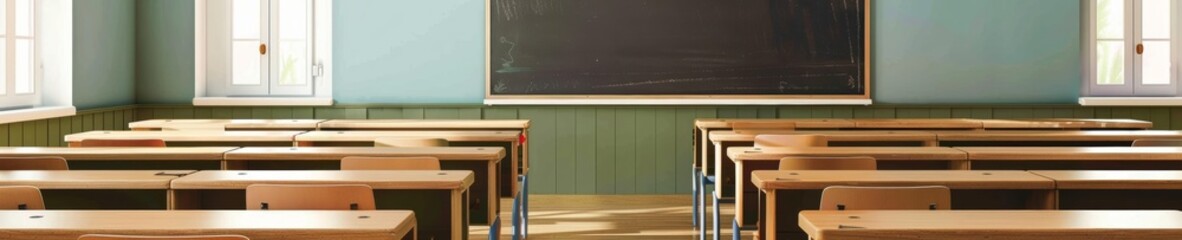 Classic classroom, retro style, muted colors, chalkboard, traditional wooden desks