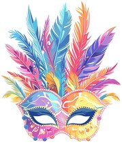 Carnival mask with colorful feathers vector illustration on a white background, in a flat design with pastel colors and simple shapes and no shadows, featuring colorful pink, purple, 