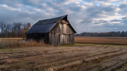Fototapeta premium Rustic old barn surrounded by grassland and forest landscape.