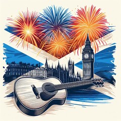 Guitar against firework, Scottish landmarks, vector flat style