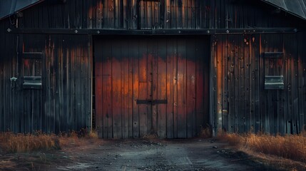 Rustic old barn surrounded by grassland and forest landscape.