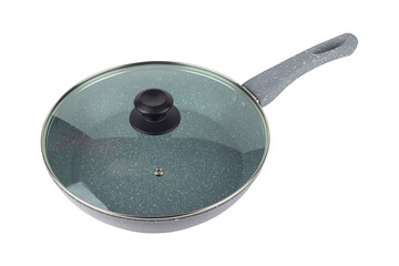 Ceramic marble frying pan with glass lid isolated from background