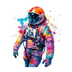 Astronaut walking and wearing colorful astronaut suit with pastel watercolor paintbrush. Image of astronaut painting painted with vibrant watercolor. Space exploration and imagination concept. AIG35.