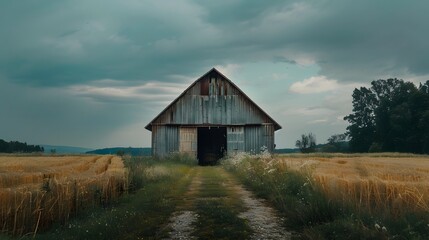 Obraz premium Rustic old barn surrounded by grassland and forest landscape.