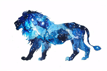 Obraz premium Silhouette of a lion filled with a blue galaxy pattern with stars on a white background