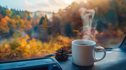 Coffee cup with steam rising, placed on a van dashboard overlooking a vibrant autumn forest.