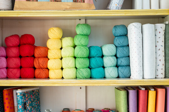 Colorful yarn balls on display at craft store