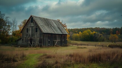 Fototapeta premium Rustic old barn surrounded by grassland and forest landscape.