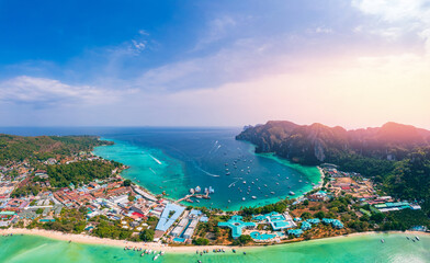 Aerial view panorama landscape longtail boat on Phi Phi island from drone, travel landmark of...
