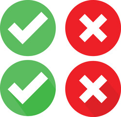 Green check mark and red cross mark in circle. Vector illustration. Isolated on white background