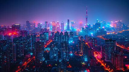 Fototapeta premium A wide view of the city with many tall buildings at night with spotlights shining on the buildings generative ai