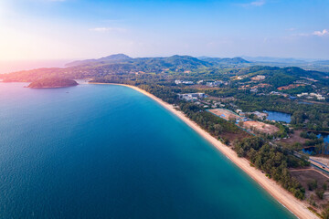 Sunset Bang Tao beach with lux hotel of Phuket paradise, Aerial top view. Concept tropical travel photo Thailand