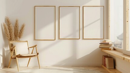 A mockup of three wooden frames on the wall in an interior with a shelf, chair and books,