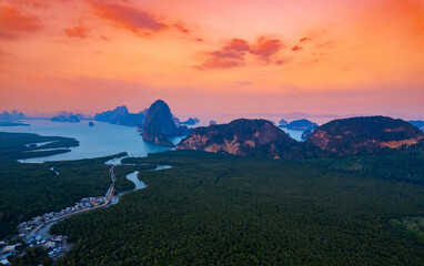 Beautiful aerial view nature landscape of Thailand, amazing sunset Phang Nga bay and Hong tropical...