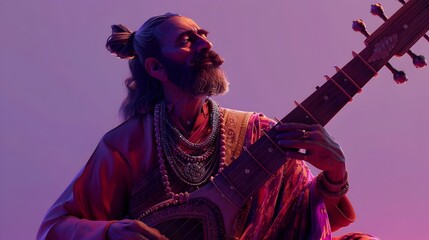 Skilled South Asian Sitar Player Performing in Intricate Beaded Attire Against Tranquil Lavender Backdrop