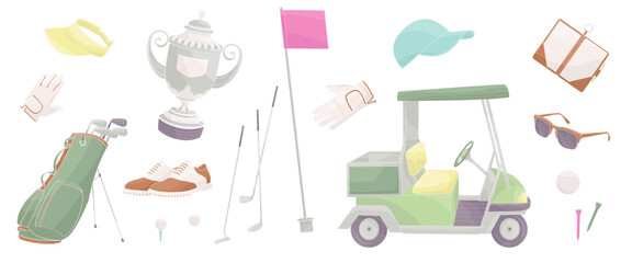 set elements about golf - clubs, shoes, flag, sunglasses, competition cup, gloves, golf bag, ball, clash notebook, golf buggy cart