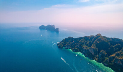 Aerial view Phi Phi island from drone in province of Krabi, travel landmark of Thailand. Tropical...