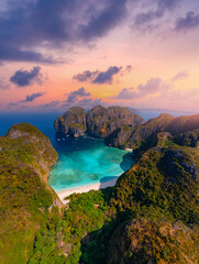 Lagoon Maya Bay , island Ko Phi Phi Leh, Thailand, aerial top view sunset. Amazing drone travel...