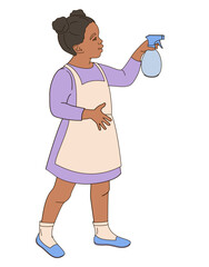 african American  kid character girl with spray for indoor flowers 