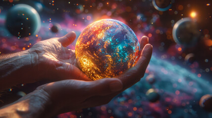 A sphere of earth floating in hands, many planets around it, universe background,generative ai