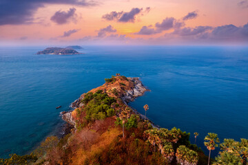 Sunset viewpoint Promthep Cape of Phuket, aerial top view above Nai Harn beach, Thailand travel