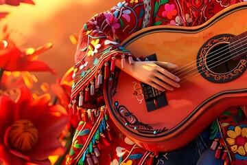 Vibrant Mexican Musician Serenades with Colorful Guitar on Fiery Sunset Background