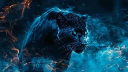 fierce black panther with glowing eyes amidst blue fiery ambience digital art