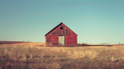 Rustic old barn surrounded by grassland and forest landscape.