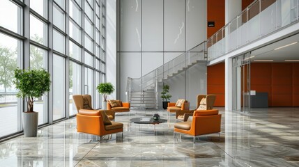 A modern interior of an office building lobby with a seating area and stairs, a glass curtain wall, white walls, a polished marble floor,