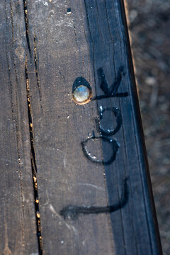 Mysterious Symbol On A Wooden Bench.