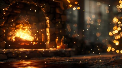 A cozy scene of a fireplace in a cabin, with a defocused backdrop of softly glowing particles -