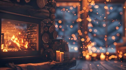 A cozy scene of a fireplace in a cabin, with a defocused backdrop of softly glowing particles -