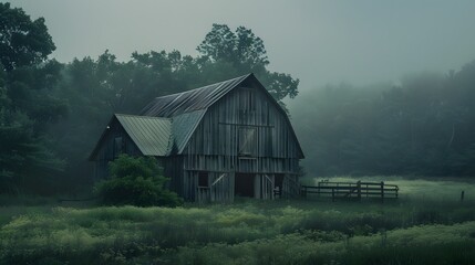 Rustic old barn surrounded by grassland and forest landscape.